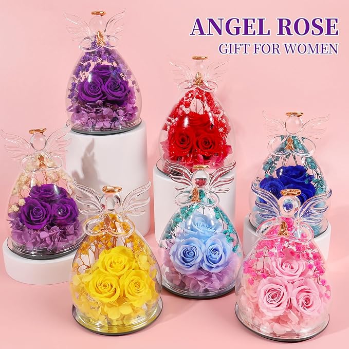 Beferr Christmas Birthday Gifts for Women, Mom Gifts for Christmas Fresh Flowers for Delivery Prime Forever Preserved Rose in Glass Angel Figurine Xmas Gifts for Grandma Wife Sister Her, Pink