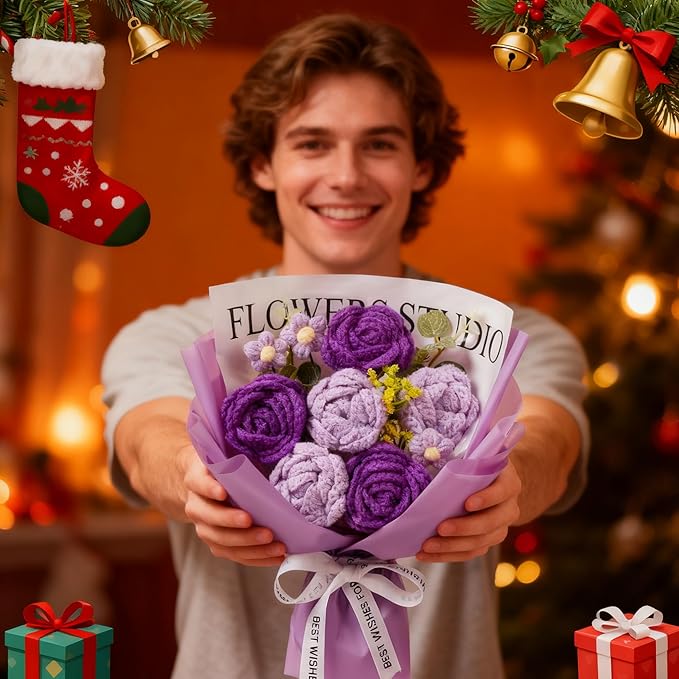 Purple Crochet Flower Bouquet, Purple Knitted Flowers Rose Crochet Bouquet Handmade for Wedding, Anniversary, Christmas, Graduation Crochet Gifts for Women (Includes Card)