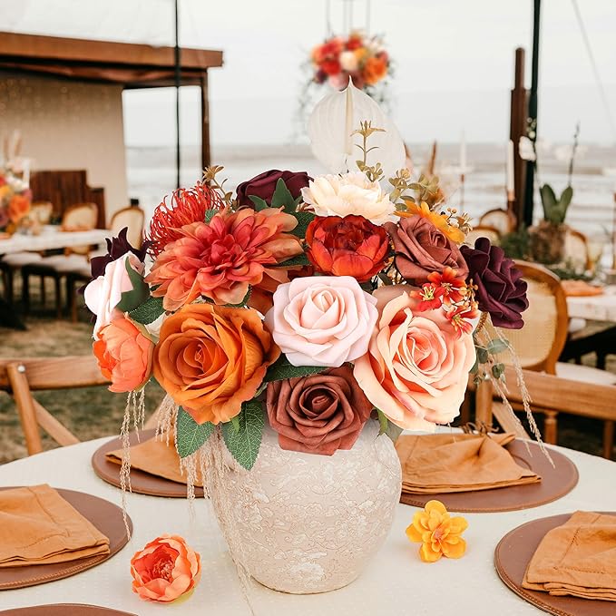 AGIRL Artificial Flowers Combo Silk Mix Terracotta Fake Flower with Stems for DIY Wedding Bouquets Centerpieces Arrangements Table Chair Decor Baby Shower Home Decor (Terracotta)