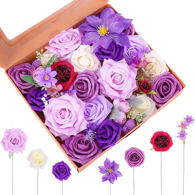 Jspupifip Purple Artificial Silk Flowers Combo Box Set, Fake Roses Daisy Flowers Arrangement Bouquets for DIY Wedding Flower Centerpiece Baby Shower Floral Home Decor