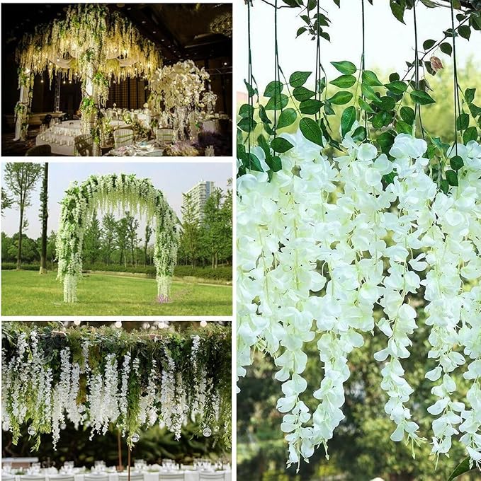 Artificial Wisteria Hanging Flowers Fake Wisteria Flower Garland Silk Vines Rattan Decor for Home Wedding Arch Wall Garden Greenery Bedroom Outdoor Office Party Decoration (36, White)