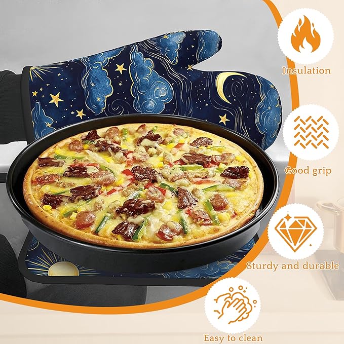 Starry Night Oven Mitts and Pot Holders Set,Sun Moon Kitchen Oven Gloves and Pot Holder with Heat Resistant Non Slip for Cooking Baking Grilling(4 Piece Set)