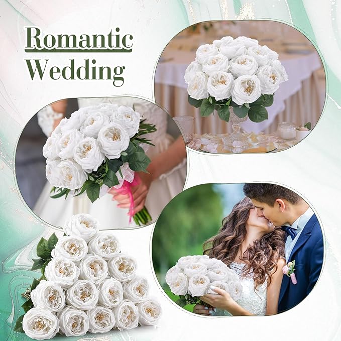 Giegxin 20 Pcs Real Touch Peonies Austin Roses Artificial Flowers, Faux Look Real Long Stems Fake Flower with Big Blooms for Christmas Valentines Wedding Party DIY Arrangement Home Decor(White)
