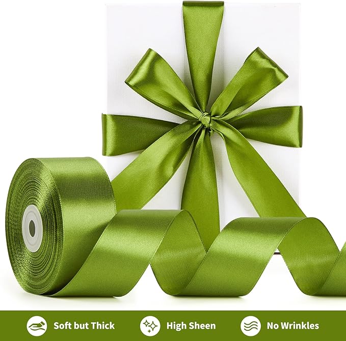 1-1/2 Inch Wide Olive Green Satin Ribbon, 50 Yards Solid Polyester Fabric Ribbon for Roses Making, Gift Wrapping, Christmas, Wedding Decorations, Crafts, Bows, Flower Bouquets