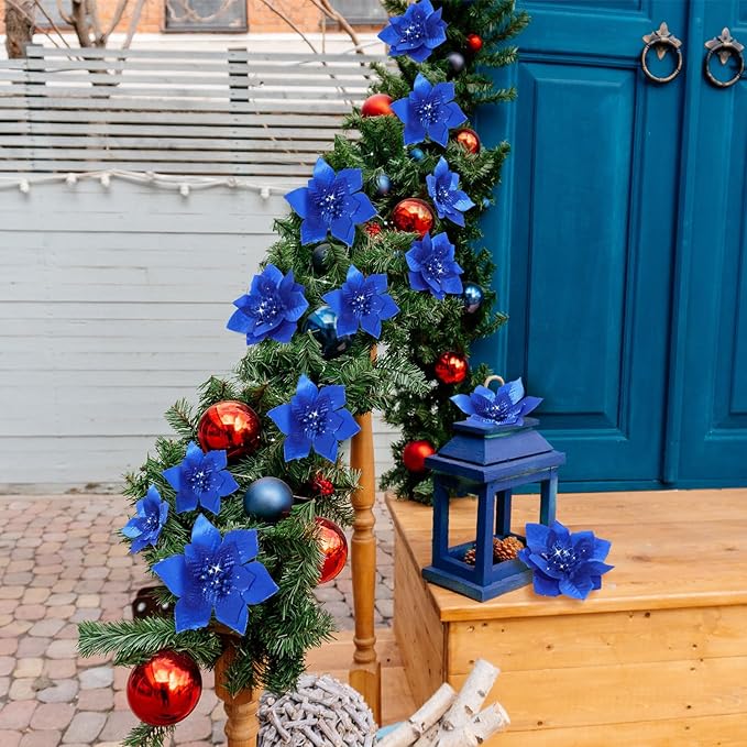 WILLBOND 24 Pcs 3 Size Poinsettia Flower Artificial Christmas Decor Glitter Poinsettia Christmas Ornaments Faux Flowers for Xmas Tree Outdoor(3.2/4/6 Inches,Royal Blue)