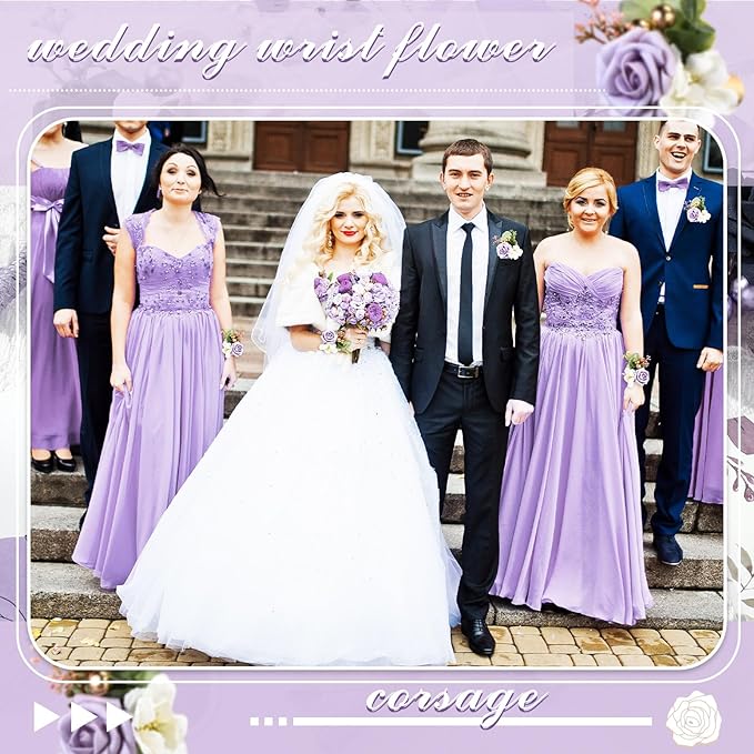 12 Pcs Wedding Wrist Corsage and Boutonniere Set Rose Wrist Corsage for Prom Boutonniere for Men Wedding Flowers Accessories Prom Suit Decorations for Wedding Ceremony (Light Purple)