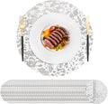 Hysenm 100 Pcs Disposable Silver Placemats Set Metallic 13 Inch Round Foil Mesh Pressed Table Doilies, Ultra-Thin Disposable Placement Mats for Home Decoration Dining Table Wedding Birthday Party