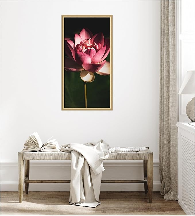 Kate and Laurel Framed Wall Art Print Midnight Lotus Flower by Stephanie Klatt, 22 x 42, Florence Gold Frame, Modern Contemporary, Flower Art for Wall Decor