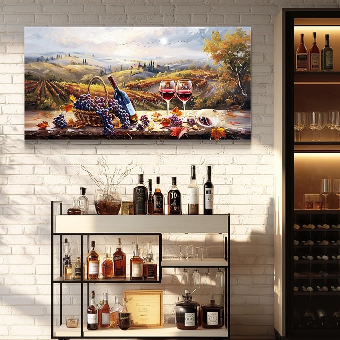 hyidecorart Rustic Wine Large Canvas Wall Art Dining Room Kitchen Still Life Painting Vintage Farmhouse Restaurant Decoration Colorful Artwork Prints for Bar Living Room Posters Landscape Wall Decor