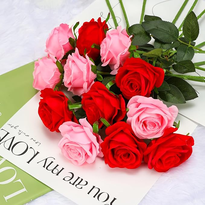 Pink Fake Roses Artificial Flowers - 10 Pcs Fake Artificial Roses Silk Flowers with Stems for Home Wedding Hotel Office Centerpiece Decor