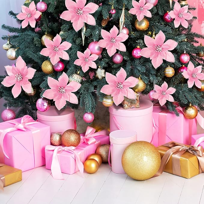 WILLBOND 24 Pcs 3 Size Poinsettia Flower Artificial Christmas Decor Glitter Poinsettia Christmas Ornaments Faux Flowers for Xmas Tree Outdoor(4/6/7.9 Inches,Pink)