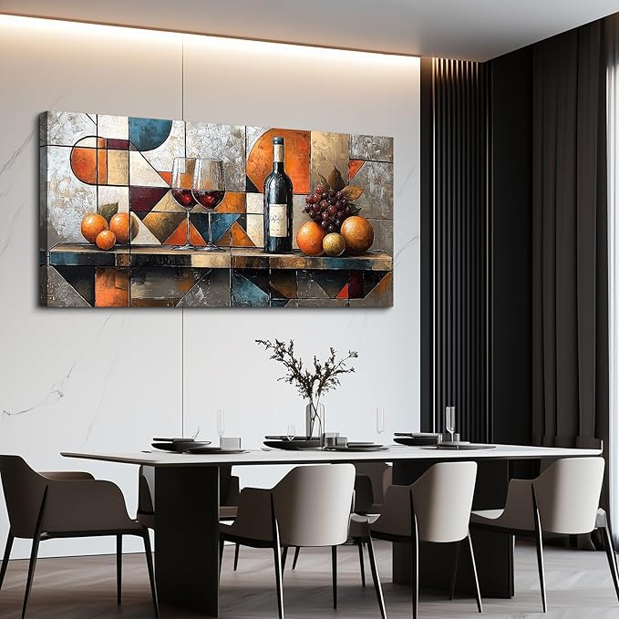 hyidecorart Wine Glass Fruit Painting Still Life Large Canvas Wall Art For Kitchen Wall Decor For Living Room Dining Room Decorations Geometry Abstract Picture Artwork Bar Posters Home Decor 24"x48"