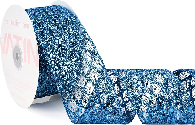 VATIN 2-1/2" Blue Christmas Ribbon, Blue Glitter Mesh Diamond Web Sequin Dots Wired Christmas Ribbon for Gift Wrapping Bow Making Wreath Supply-10 Yards