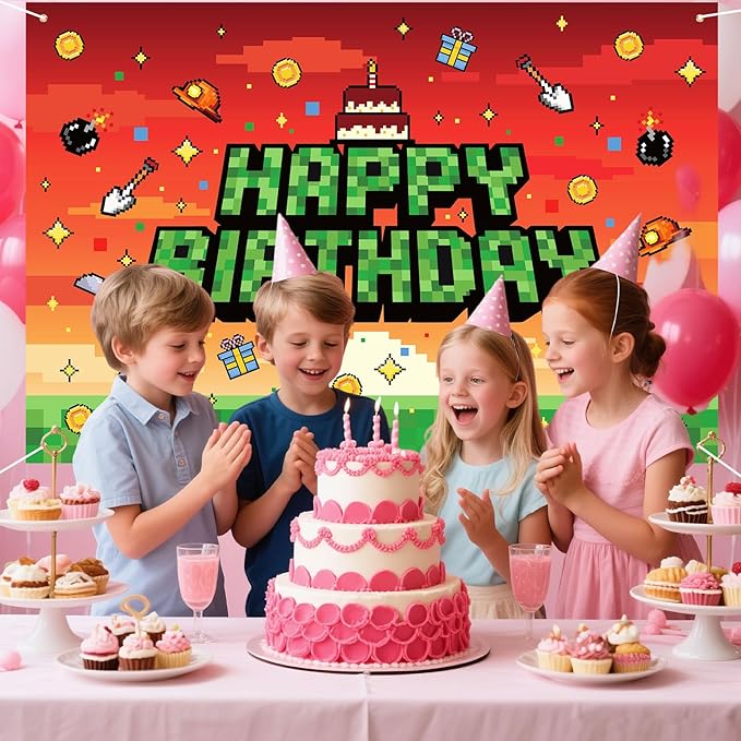 Pixel Theme Birthday Backdrop, 150x100cm/5x3ft Polyester Pre-Drilled Video Game Happy Birthday Banner Backdrop for Boys Girls Themed Party Favors & Decor Supplies