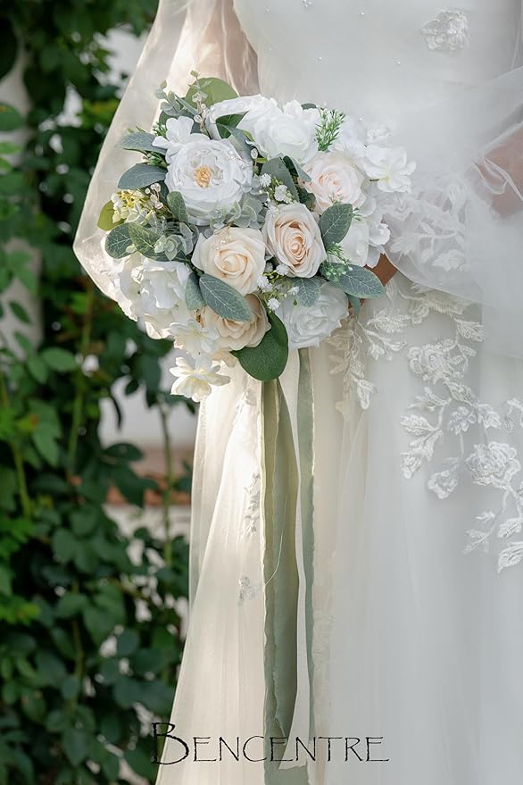 10 Inch White Bridal Bouquet,Wedding Bouquet,Bride Bouquets for Wedding Ceremony Anniversary, Party and French Rustic Vintage Wedding,Artificial Flowers