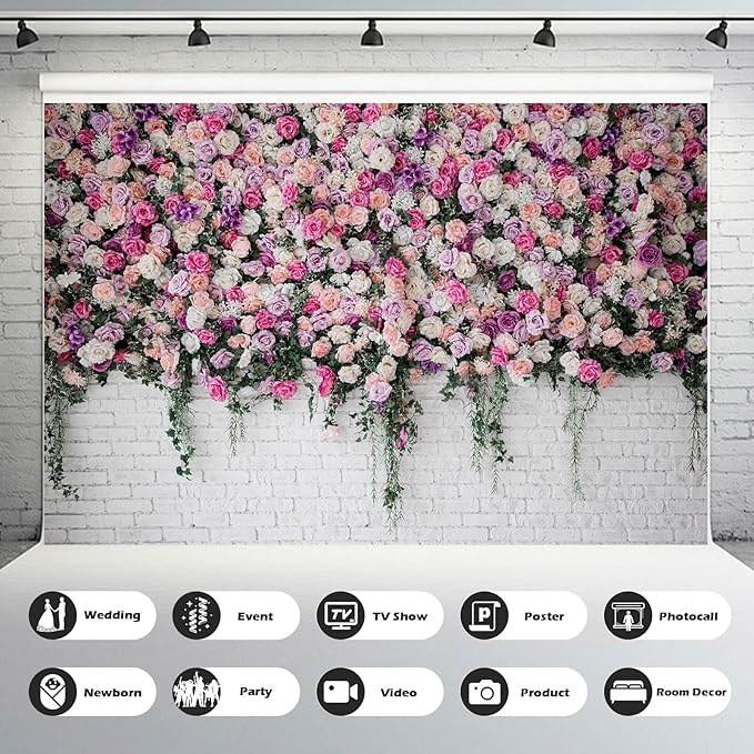 Rose Flowers Backdrop Beautiful Decorative Colorful Roses and Peonies on Brick White Wall Photography Background Interior Wedding Party Decorations Summer Flowers on Wall Building Props 20x10ft