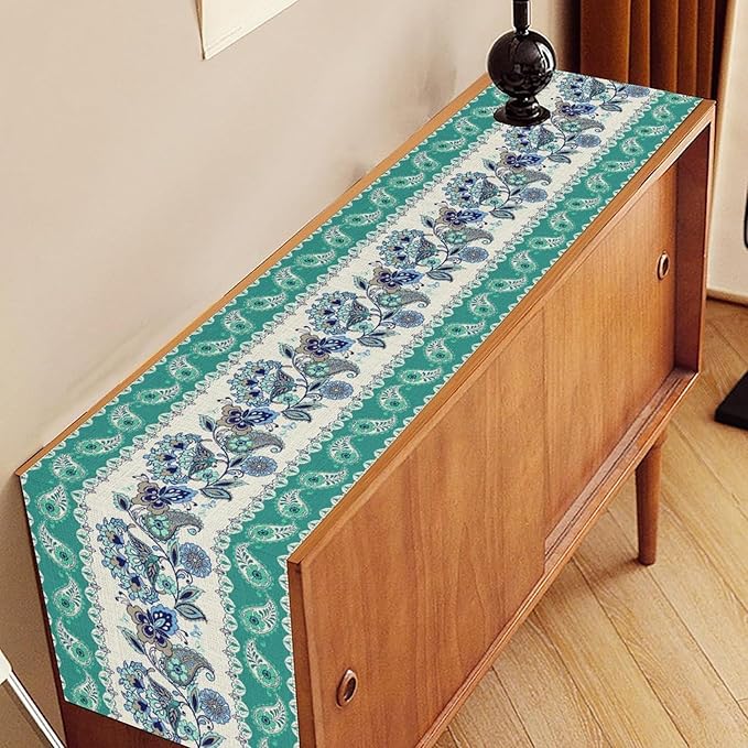 Paisley Table Runner, Rustic Blue Green Bohemian Damask Exotic Flower Cafe Table Center Decor for Home Kitchen Dining Patio Holiday Party Indoor Outdoor Table Decorations 13x90 inch