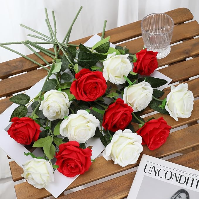Tifuly Roses Artificial Flowers - 12 pcs Realistic Long Stem Fake Roses Mashup Style Silk Roses for DIY Bouquets Wedding Centerpieces Arrangements Home Party Decor（White & Red）