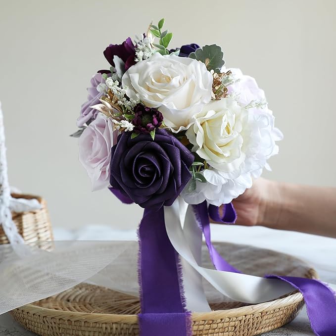 ponatia Purple Wedding Bouquets for Bride Bridesmaid, Cream Wedding Artificial Roses Flowers for Wedding Bouquets Ceremony, Anniversary (Purple & Cream)