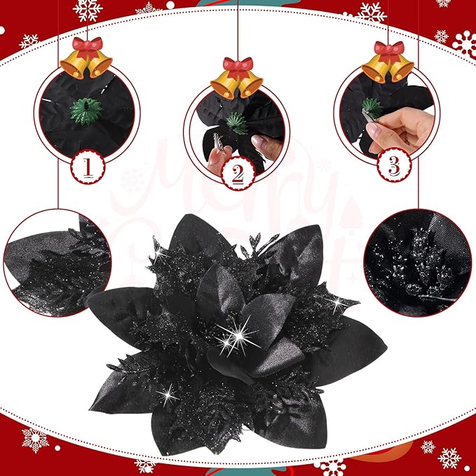 36 Pcs Christmas Glitter Artificial Poinsettia Flowers Xmas Poinsettia Artificial Wedding Flowers Decorations Xmas Tree Ornaments with Clips for Party, 6 Inch, 4 Inch, 3 Inch(Black)