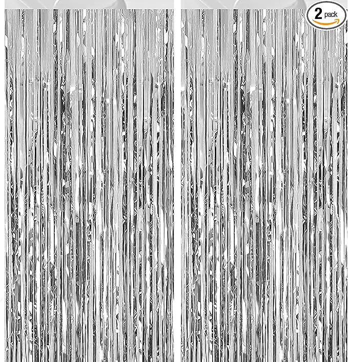 2 Pack 3.28 ft x 6.56 ft Silvery Tinsel Curtain Party Backdrop Decorations, Metallic Foil Fringe Backdrop Door for Halloween, Christmas, Birthday Graduation Wedding Party Streamers Photo Backdrop.