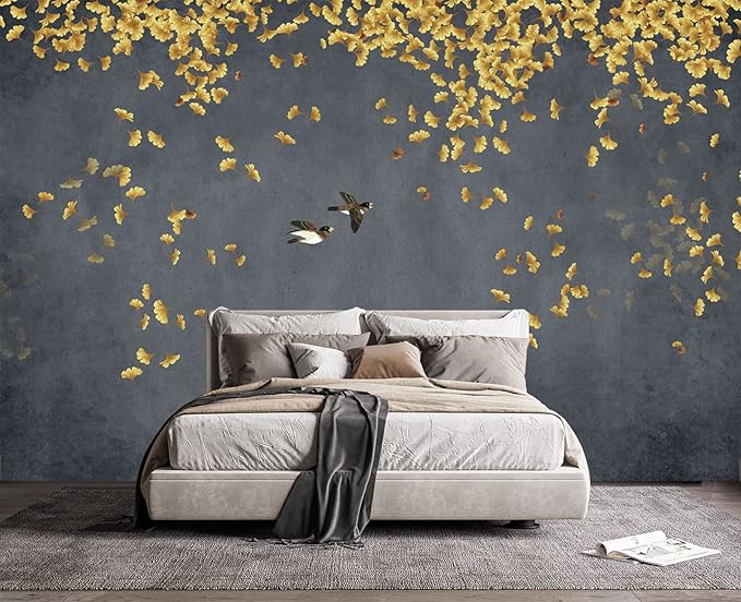 Ginkgo Leaf Flower Bird Wall Mural Wallpaper for Bedroom 137" x 100"