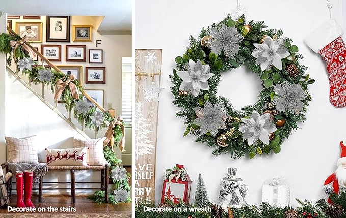 RECUTMS 66 Pcs 3 Styles Silver Christmas Ornaments Christmas Glitter Poinsettia Flowers Artificial Christmas Tree Flower Decorations Wedding Wreath Floral Decorations (Silver)