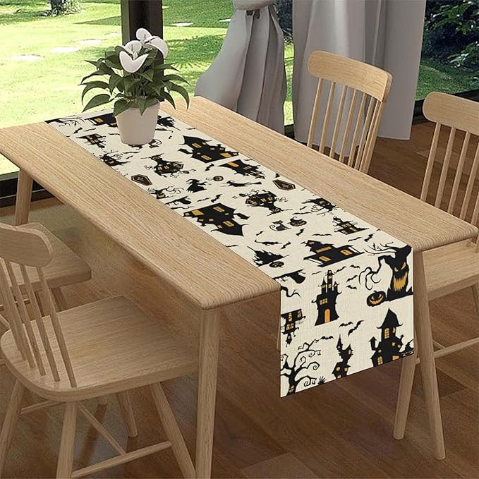 Halloween Table Runner, Retro Gothic Spoonky House Day of Death Mysterious Halloween Coffee Table Center Decor for Home Kitchen Dining Patio Holiday Party Table Decorations 13x72 inches