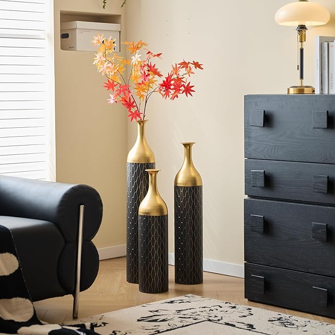 Metal Floor Vases Decorative Tall, Set of 3 Flower Arrangement Stand, Gold＆Black Metal Floor Vases for Living Room Corner, Entryway & Bedroom, 34", 30", 24.8" H (Gold＆Black)