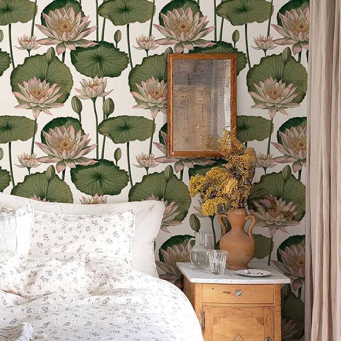 Orainege Floral Wallpaper Peel and Stick Floral Contact Paper Boho 16.9inx393.7in Lotus Flower Wallpaper Removable Self Adhesive Wall Paper for Bedroom Cabinets Decorative