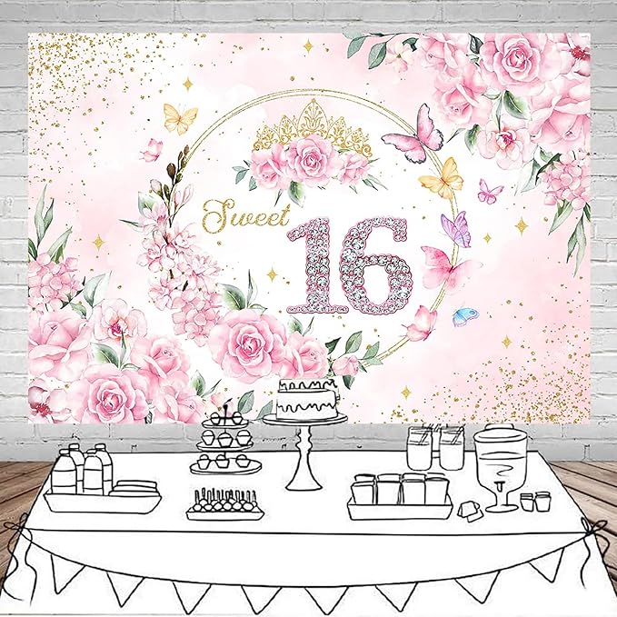 Mocsicka Sweet 16 Backdrop Rose Gold Sweet Sixteen Party Decoration Girls Pink Floral Gold Glitter Butterfly 16 Birthday Banner for Photoshoot (5x3ft)