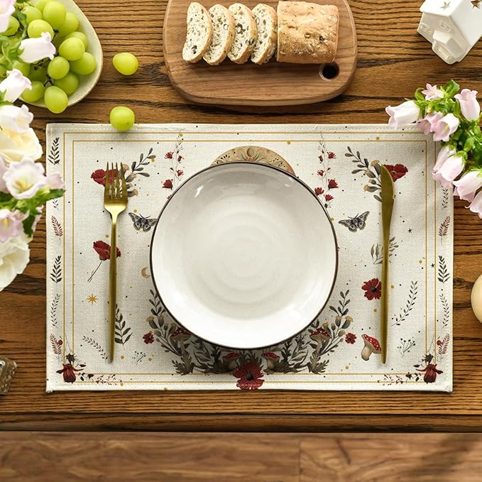 Artoid Mode Beige Poppy Moth Moon Placemats Set of 4, 12x18 Inch Floral Spring Table Mats for Outdoor Home Party Kitchen Dining Decor
