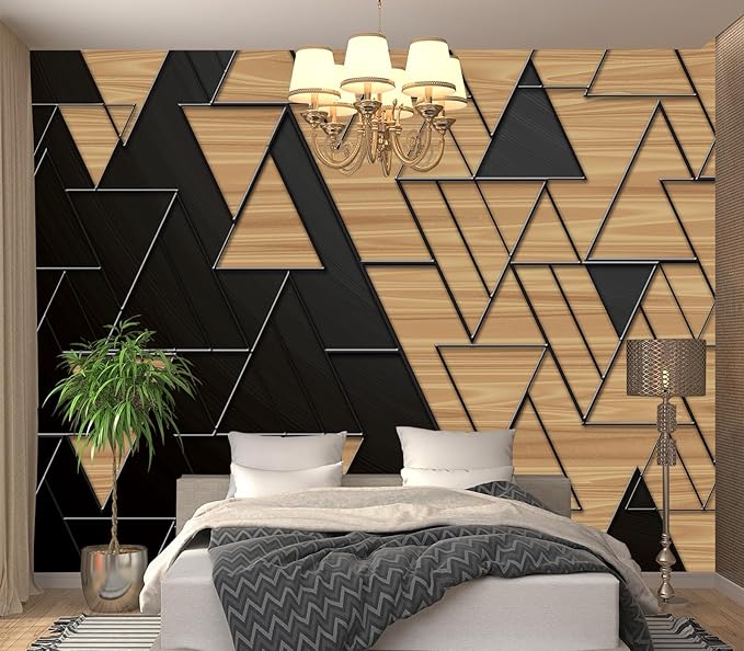 Cliouar-Geometric Illustration Dark Gray and Gold Triangles with Embossed Lines Peel and Stick 160" x 114"