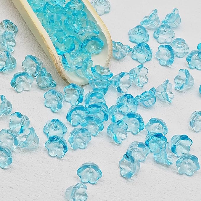 LadayPoa 100pcs Glass Bellflower Beads for Jewelry Making Trumpet Flower Beads Gradient Clear Cute Beads for Bracelets Making Aesthetic Bead Charms for DIY Necklace Decoration-Ice Blue