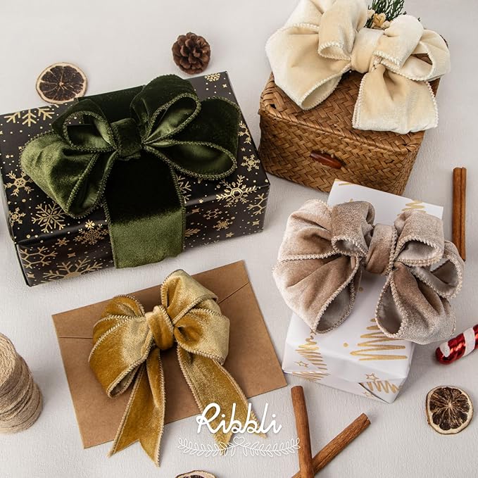 Ribbli Moss Green Velvet Wired Ribbon 2.5 Inch Velvet with Satin Christmas Ribbon for Gift Wrapping Christmas Tree Decoration Crafts Wreaths Supplies-Continuous 10 Yards