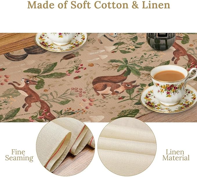 Rustic Woodland Table Runner, Retro Cabin Lodge Fairy Tale Forest Wild Animals Hare Squirrel Print Table Runner for Kitchen Dining Home Decor Wreath Party Decoration, 13x70inch