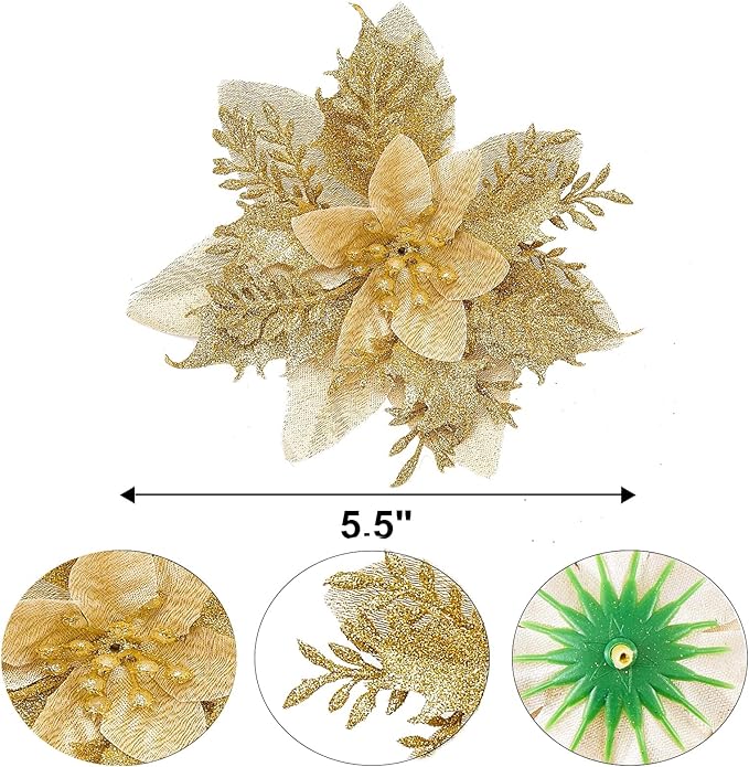 Zhuqing 15Pcs Christmas Poinsettia Artificial Flowers Decorations, Glitter Poinsettia Christmas Tree Ornaments, Gold Tree Flowers for Xmas/Wedding/Holiday/Wreath/Garland Decor, with Cilps, 5.5 Inch