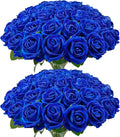Wondrus Bulk Artificial Flowers 50 PCS, Fake Velvet Silk Blue Roses with Long Stems Realistic Bouquet for Wedding Centerpieces, Faux Arrangement for Home Table Decor