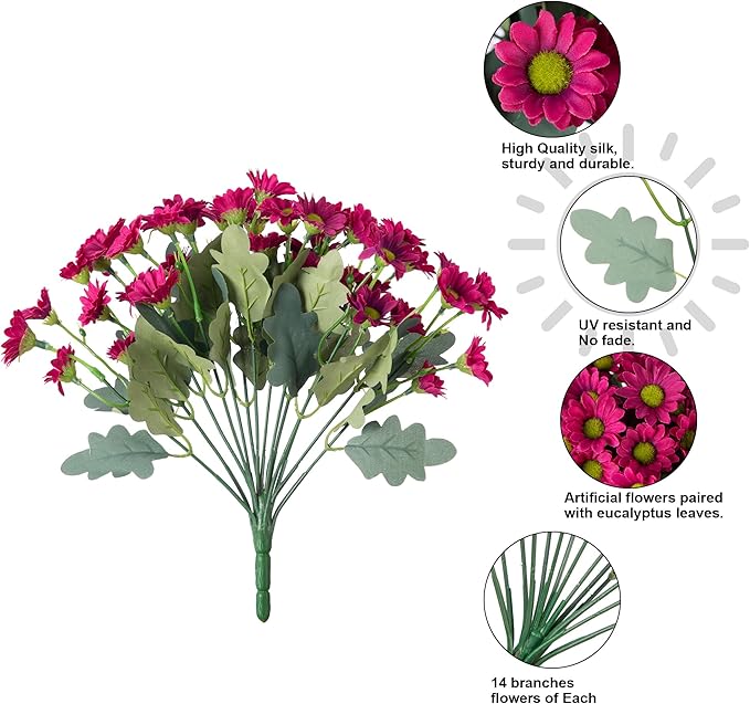 Daisy Artificial Flowers for Outdoors Winter Decoration, 6 Bundles Fake Mums Dark Red Silk Flowers for Outside Look Real UV Resistant Faux Flowers Plants for Planter Front Door Home Indoor Porch