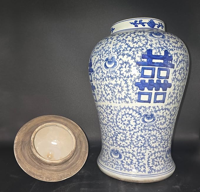 19" Antique Like Finish Blue and White Ginger Jars Porcelain Temple Ceramic Ginger Jar Vase, Double Happiness China Ming Style, Jingdezhen(L16)