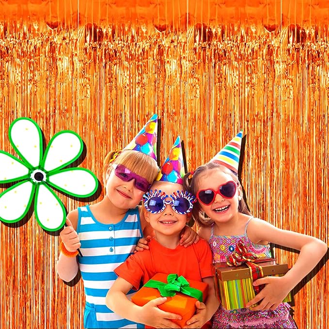 4 Pack Orange Foil Fringe Curtain Backdrop, 3.28Ft x 8.2Ft Metallic Tinsel Foil Fringe Streamers Curtains Party, Photo Booth Props, Birthday, 2022 Mother's Day Decoration Supplies