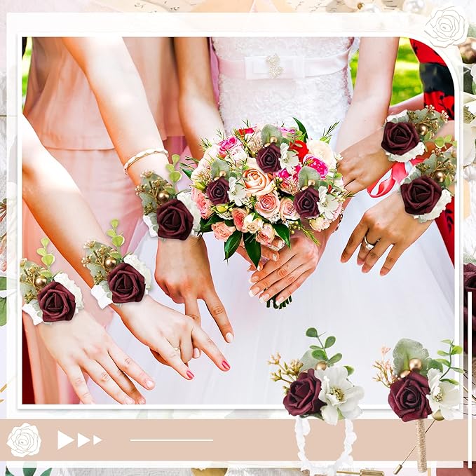 12 Pcs Wedding Wrist Corsage and Boutonniere Set Rose Wrist Corsage for Prom Boutonniere for Men Wedding Flowers Accessories Prom Suit Decorations for Wedding Ceremony Anniversary (Red)
