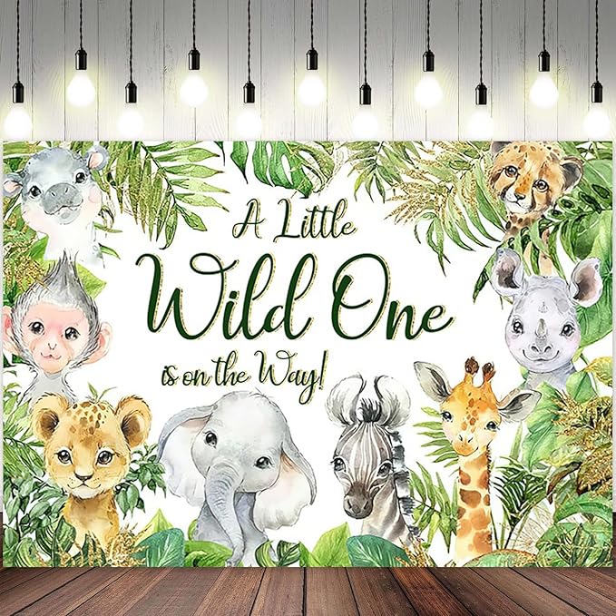 10x6.5ft Baby Shower Backdrop A Little Wild One is On The Way Photography Background Jungle Animals Tropical Green Leaf Newborn Birthday Party Banner Decorations Gender Reveal Photo Booth Prop