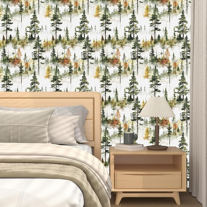 Autumn Forest Wallpaper Peel and Stick, Green/Yellow Pine Trees Contact Paper,Woodland Landscape Wall Mural Self Adhesive Waterproof Removable for Bathroom Shelves Cabinet Drawer Table 17.5" x 118"