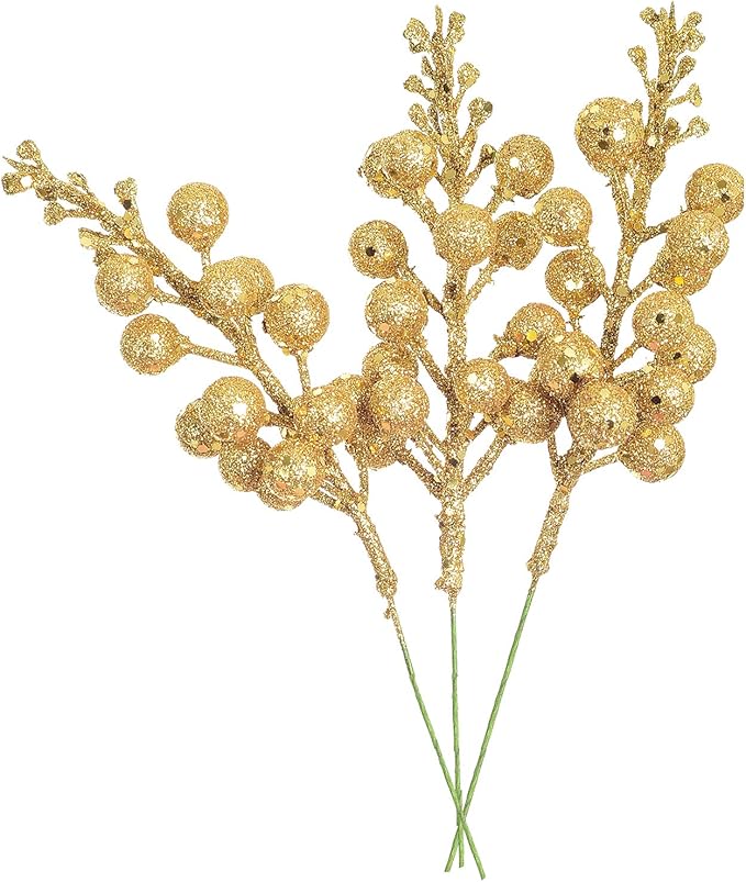 Lvydec 16pcs Christmas Glitter Berries Stems, 7.8" Artificial Christmas Picks for Christmas Tree Ornaments, DIY Xmas Wreath, Crafts, Holiday and Home Decor (Gold)