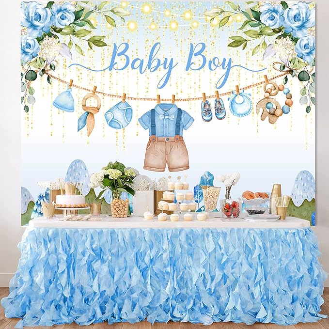Blue Floral Baby Shower Backdrop Baby Boy Shower Decorations,Oh Baby Boy Outfit Backdrops Banner Watercolor Flower Photography Background for Baby Shower Party Supplies Photo Booth Prop 10x7ft