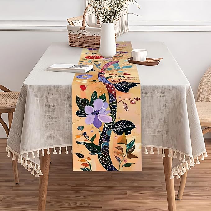 Elegant Floral Table Runner with Gold Accents – 13x72 Inch Linen-Look Fabric for Dining Table, Festive & Holiday Decor, Wedding, Christmas, and Everyday Home Use