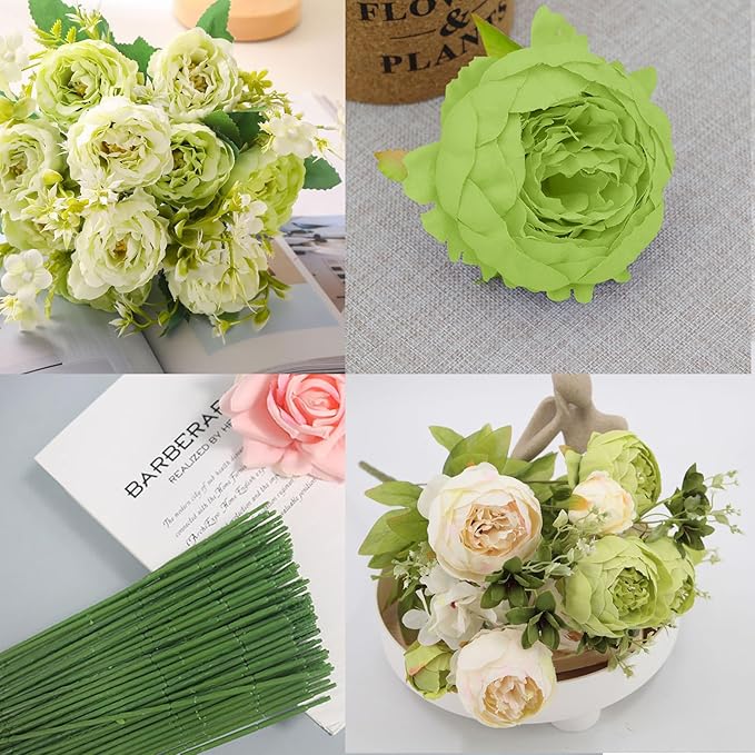 FagusHome 25 Pcs Silk Peony Artificial Flower Heads 4 inch Fake Peony Flowers Heads with Stems Artificial Peony Flower Heads in Bulk Wholesale for Wedding Home Decor (Light Green)