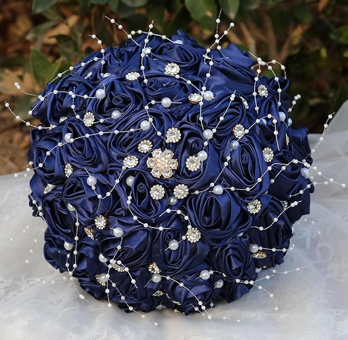Bridal Wedding Bouquet Round Bling Brooch Bouquet Throw Toss Artificial Rose Flower Bunch for Bride Bridesmaid Wedding Quinceanera(Navy Blue, 7.5")