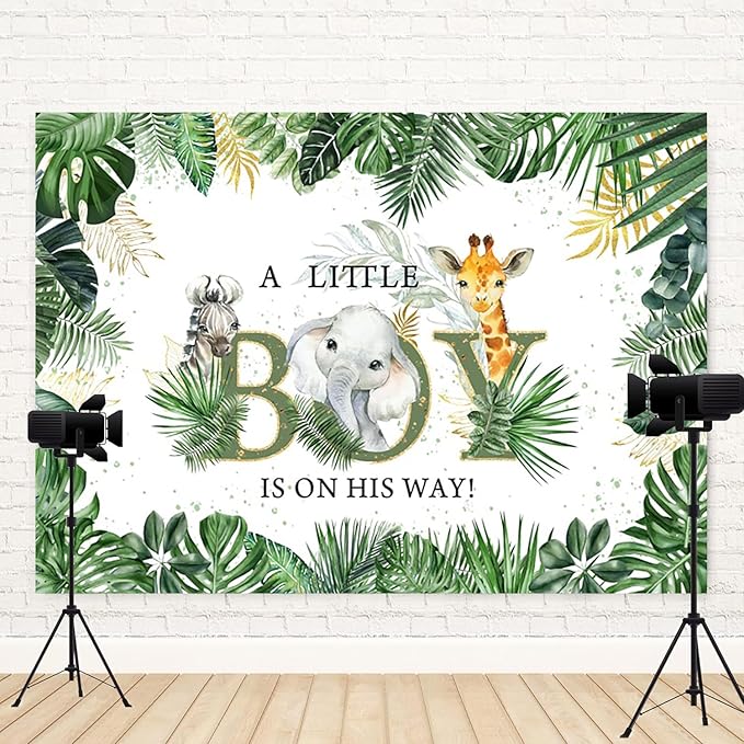 15x8ft Baby Shower Backdrop A Little Boy is On His Way Photography Background Jungle Animals Elephant Giraffe Green Gold Leaves Kids Party Banner Decorations Newborn Parties Photo Booth Prop